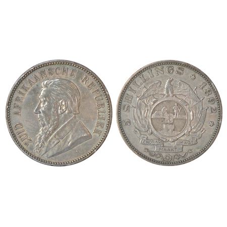 South Africa, silver 5 shillings, 1892, KM 8.2, 28.22g. Obv: Bust to left. Rev: Eagle abov