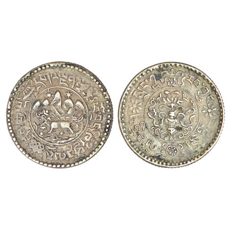 Tibet, silver 1½ srang, KM Y24, 5.92g. Obv: Snow lion facing in front of mount Kailash wit