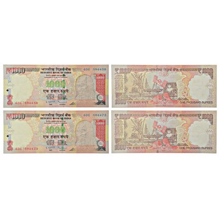 1000 rupees, misprint notes (2), Gandhi series, 2013, signed by D. Subbarao, inset 'R', se