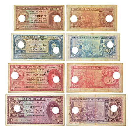 Indo-Portuguese Territories, set of 4 rupias with cancel holes, 10 rupias, 20 rupias, 50 r