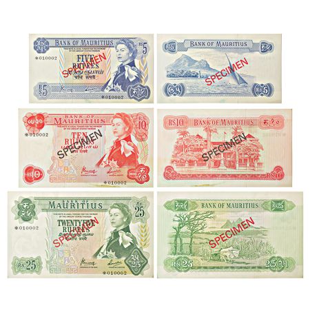Mauritius, Queen Elizabeth II, set of 3 SPECIMEN notes, 5 rupees, 10 rupees and 25 rupees,