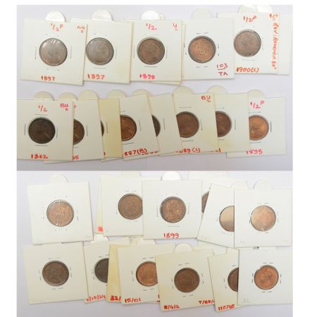A group of 15 Victoria copper ½ pice, includes Queen and Empress, 1862, 1885, 1886, 1887, 