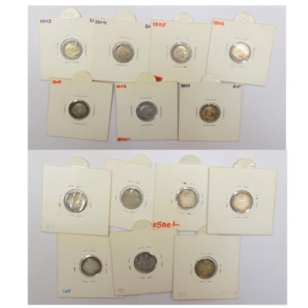 A group of 7 Edward VII silver 2 annas, includes 1903, 1904, 1905, 1906, 1907, 1908 and 19