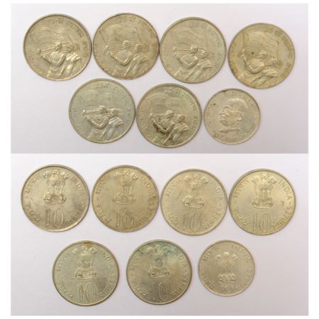 A group of 7 Republic of India silver 10 rupees, 1x 1969, Mahatma Gandhi and 6x 1972, 25th