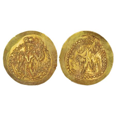 Kidarite Huns, gold dinar struck in the name of Kushano-Sasanian king Varahran Kushanshah 