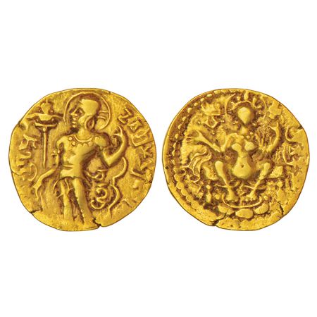 Gupta Empire - gold dinar of Chandragupta II (c.375-415 CE), 'archer X goddess on throne' 