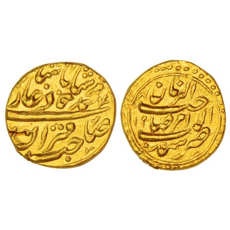 Muhammad Shah (1719-1748 AD), gold ½ Mohur, Sind mint, KM D438.2. 5.47g. Obv: Name and tit