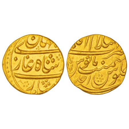 Shah Jahan III (1759-1760 AD), gold mohur, Islamabad mint at top, AH-/RY Ahd, not listed i