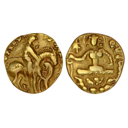 Post-Gupta North India - gold dinar of Prakashaditya (c.550-600 AD), 'Horseman-Lion Slayer