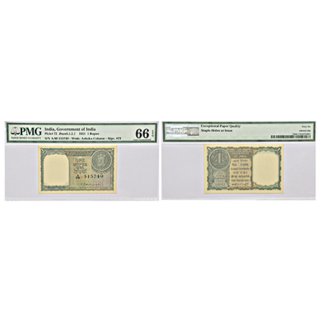 1 rupee, 1951, signed by K.G. Ambegaonkar, serial no.: A68 515749, J&R 6.1.2.1. Staple hol