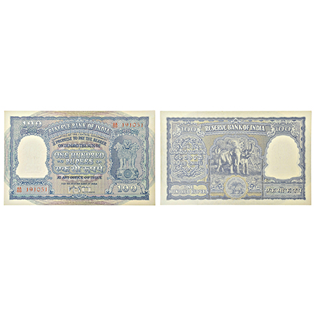 100 rupees, Elephant series, ND (1957-62), signed by H.V.R. Iyengar, corrected रुपये in Hi