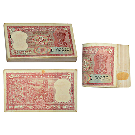 2 rupees, fancy number full packet of 100 notes, Tiger series, signed by I.G. Patel, inset