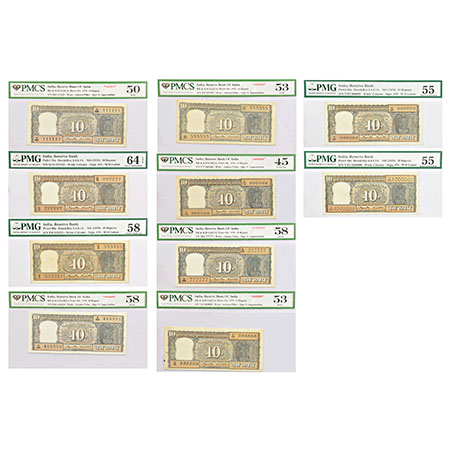 10 rupees, set of 10 fancy number notes, Boat series, signed by S. Jagannathan, without in