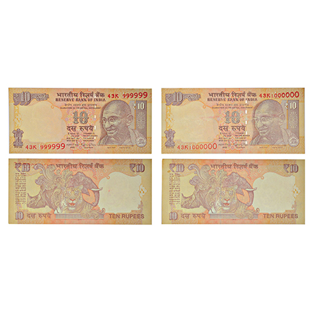 10 rupees, fancy number notes pair (2), Gandhi series, 2016, signed by Raghuram G. Rajan, 