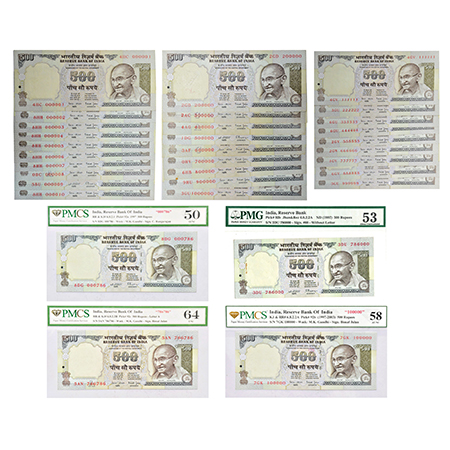 500 rupees, set of 32 fancy number notes, Gandhi series, signed by C. Rangarajan and Bimal