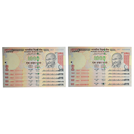 1000 rupees, set of 10 fancy number notes, Gandhi series, 2007, all notes are signed by Y.