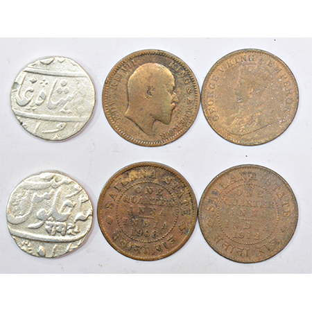 A group of 3 silver and copper coins, includes 1x Maratha and 2x Sailana, various denomina
