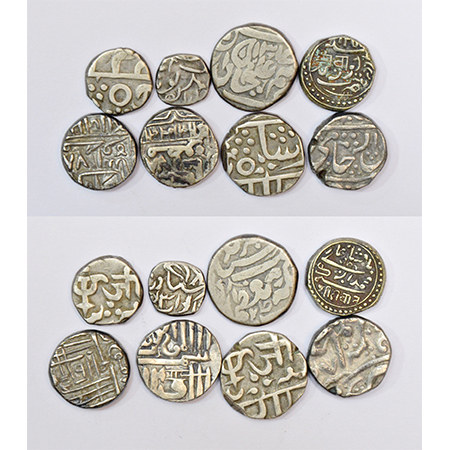 A group of 8 Princely States silver fraction coins, includes 3x Gwalior, 2x Jamnagar, 1x J