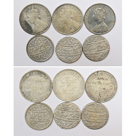 A group of 6 silver rupee, includes 2x Alwar, 1x Bikanir and 3x Farrukhabad, various ruler