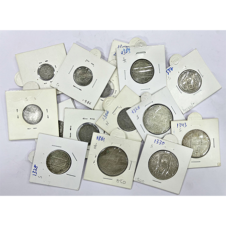 A group of 15 Hyderabad state silver and nickel coins, includes, 4x rupee, 4x ½ rupee, 4x 