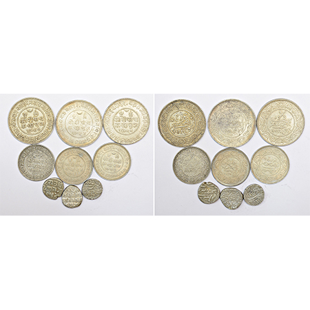A group of 9 Kutch state silver coins, includes, 3x 5 kori, 3x 2½ kori and 3x kori, variou