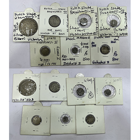 A group of 7 Kutch state silver coins, includes, 1x 5 kori, 3x kori and 3x ½ kori, various