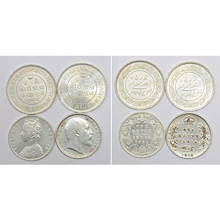 A group of 4 silver coins, includes 2x 5 kori of Kutch's Vijayrajji and 2x rupee of Victor