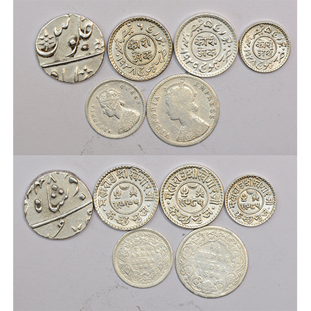 A group of 6 silver coins, includes 4x State and 2x British India, various rulers, dates a