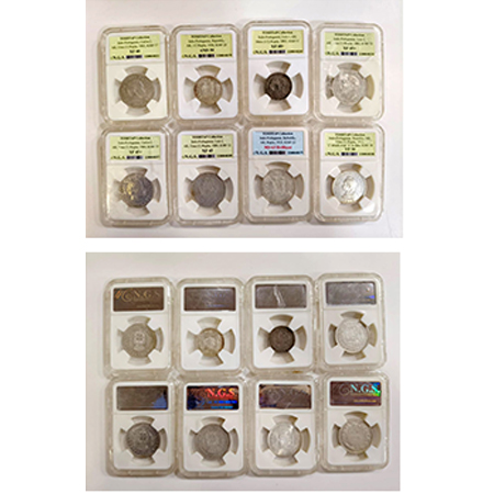 A group of 8 Indo-Portuguese silver coins, 6x rupia and 2x ½ rupia, all machine struck and