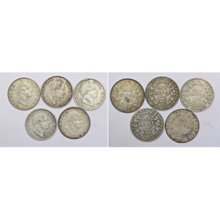 A group of 5 William IV silver rupee, all dated 1835, includes Bombay and Calcutta mint, v