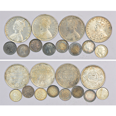 A group of 12 British India silver coins, includes 4x rupee and 8x 2 annas of Victoria Que