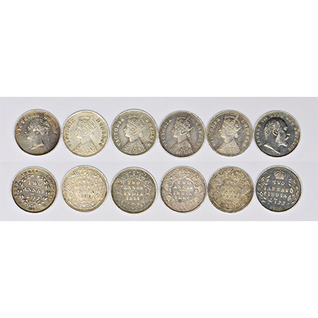 A group of 6 British India silver 2 annas, includes 1x Victoria Queen CL, 4x Victoria Empr