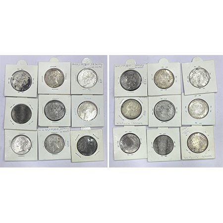A group of 9 Victoria Queen silver rupee, all dated 1840, divided legend, various mints an