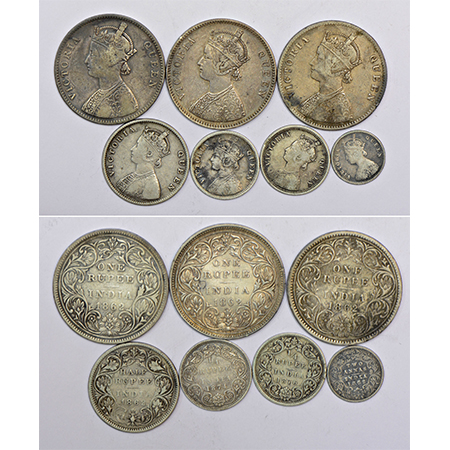 A group of 7 Victoria Queen silver coins, includes 3x rupee, 1x ½ rupee, 2x ¼ rupee and 1x