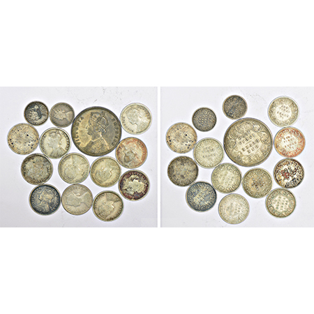 A group of 14 Victoria Empress silver coins, includes 1x rupee, 11x ¼ rupee and 2x 2 annas
