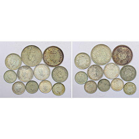 A group of 11 George VI silver and half-silver coins, includes 2x rupee, 4x ½ rupee and 5x
