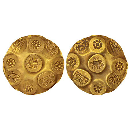 Kakatiyas of Warangal, gold punch marked gadyana issued by a 'Lenka' (feudatory) chief, re