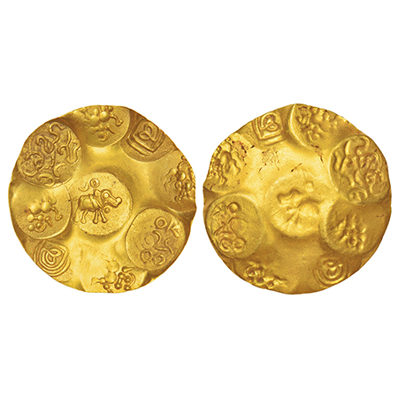 Kakatiyas of Warangal, gold punch-marked gadyana, repousse fabric (1100-1200 AD), 3.80g, H