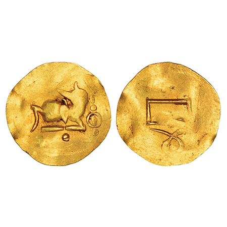 Eastern Gangas of Orissa, gold fanam (12th-13th century AD), 0.50g. Obv: stylized humped b