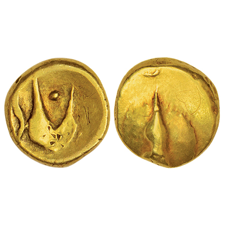 Adil Shahs of Bijapur, Hudki gold pagoda, G&G BJ45, 3.35g. Obv: A dome-like symbol with Pe