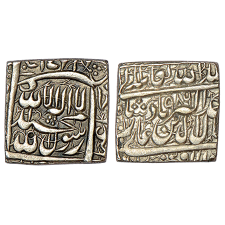Akbar (1556-1605 AD) silver square rupee, Dar us-Sultanat Fathpur mint, AH 986, KM 82.2, 1
