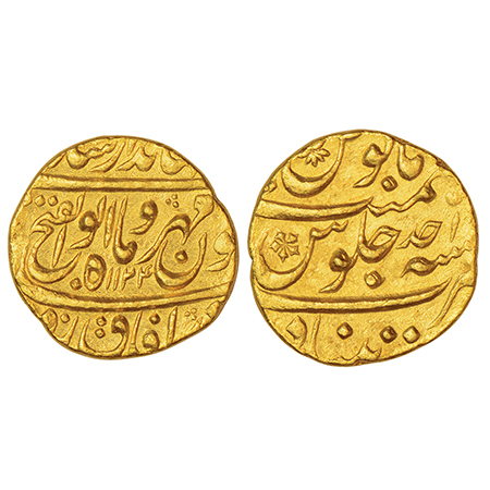 Jahandar Shah (1712-1713 AD), gold mohur, Khujista Bunyad (Aurangabad) mint, 'Abu ul-Fath'