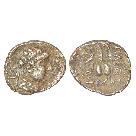 Indo-Greeks, silver obol of Eucratides (170-145 BC), BN series 9, 0.65g. Obv: Helmeted bus