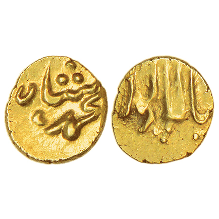 Muhammad Shah (1719-1748 AD), gold fanam, Balapur mint, ruler's name on obverse and mint-n