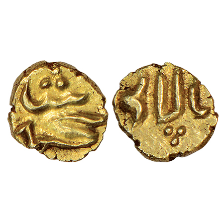 Muhammad Shah (1719-1748 AD), gold fanam, Balapur mint, ruler's name on obverse and mint-n