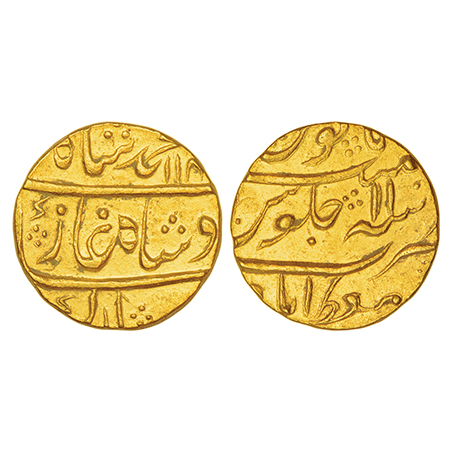 Muhammad Shah (1719-1748 AD), gold mohur, Muazzamabad mint, AH 114x/RY 11, KM 438.16, 10.7