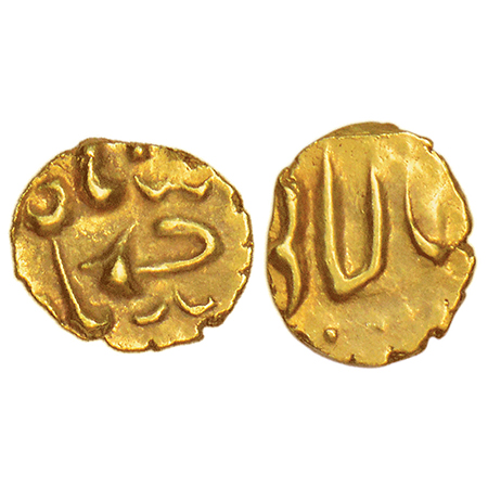 Ahmad Shah Bahadur (1748-1754 AD), gold fanam, Balapur mint, ruler's name on obverse and m