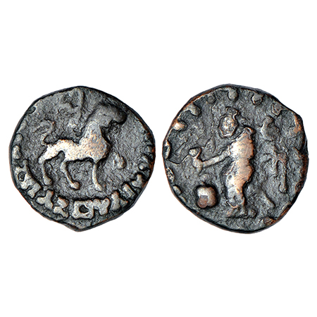 Indo-Scythians, copper ¼ unit of Azes (c.45-20 BC), ISCH 123.16, 2.43g. Obv: Lion standing