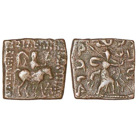 Indo-Scythians - bronze unit of Maues (c.90-57 BC), ISCH 22.1, 8.07g. Obv: Maues on horseb