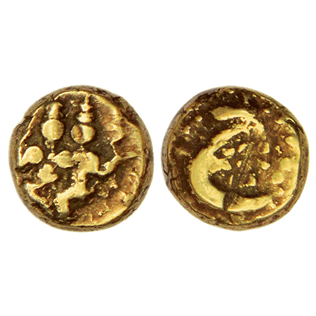 Mysore, Haidar Ali (1761-1782 AD), gold fanam, KM 8, 0.39g. Obv: Shiva Parvati seated. Rev